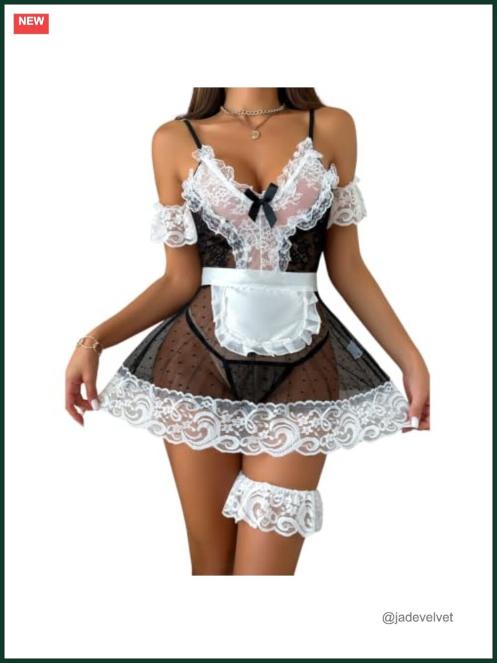 Cosplay Maid Costume Lace Babydoll Mesh Sheer Dress Polka Dot Lingerie Set